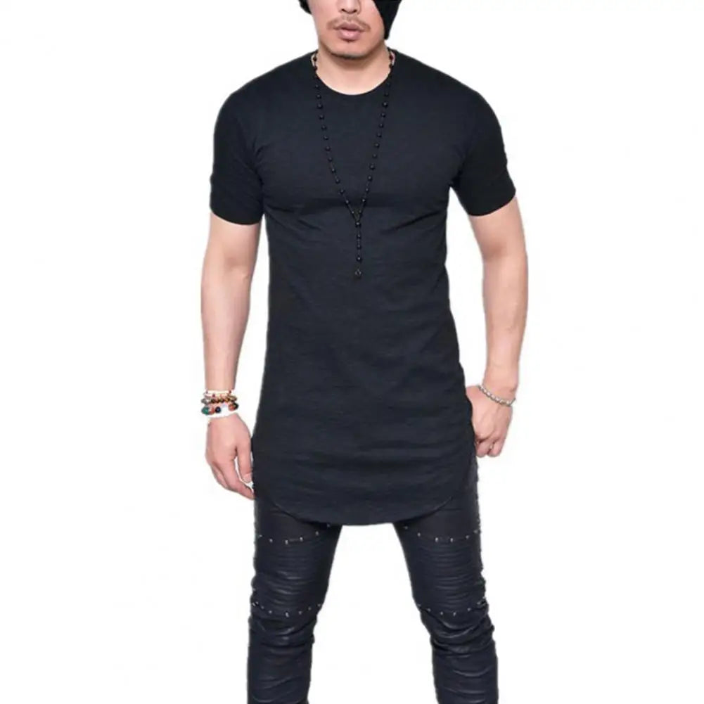 Trendy Men T-shirt Irregular Hem Men Summer T-shirt Slim Fit Crew Neck Men Summer T-shirt Match Pants