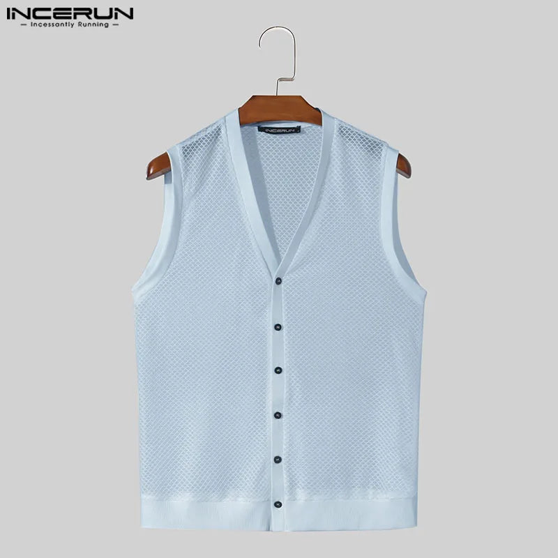 Fashion Leisure Style Tops INCERUN Men Personality Hollow Mesh Vests Summer Sexy Male Hot Sale V-neck Sleeveless Tank Tops S-5XL