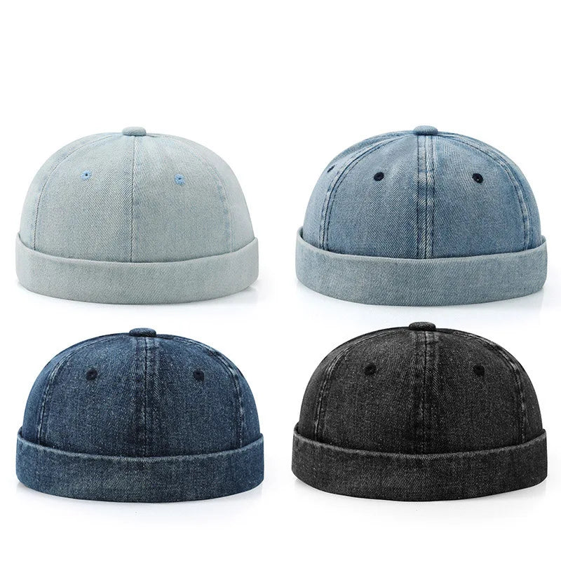Hip Hop Blue Denim Washed Cotton Landlord Hat Docker Cap Rolled Edge Brimless Sailor Hat Solid Adjustable Beanie Hats Streetwear
