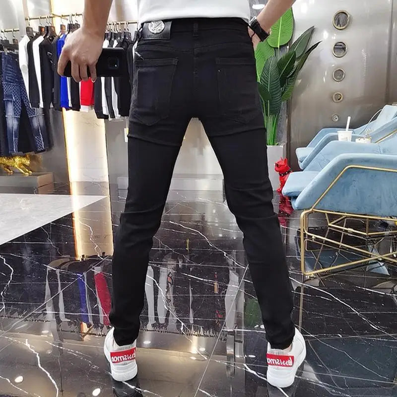 Luxury Men's High Street Korean Black Jeans with Zipper Distressed Hole Designer Youth Trend Slim-Fit Black Cotton Trousers
