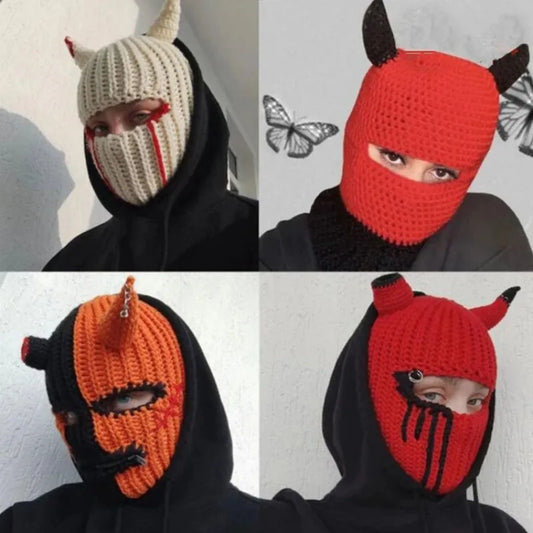 Funny Horns Knitted Hat Cosplay Halloween Masquerade Beanies Warm Full Face Cover Ski Mask Hat Windproof Helmet Trick Scare Prop
