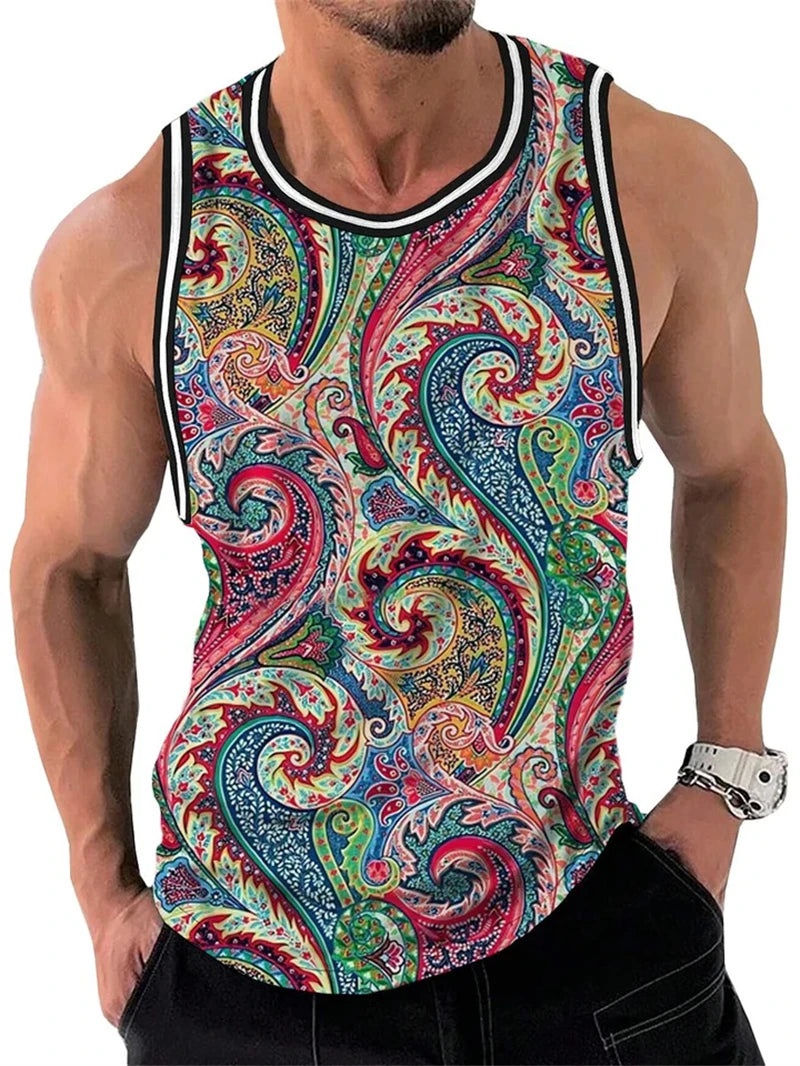 Mens Retro Ethnic Graphic Tank Tops Summer Casual Crew Neck 3D Printed Sleeveless Vest Fashion Breathable Sports Tees Tops