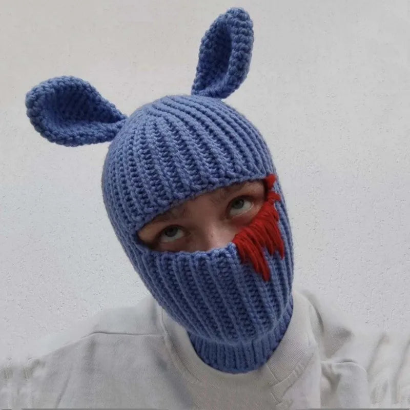 Funny Horns Knitted Hat Cosplay Halloween Masquerade Beanies Warm Full Face Cover Ski Mask Hat Windproof Helmet Trick Scare Prop