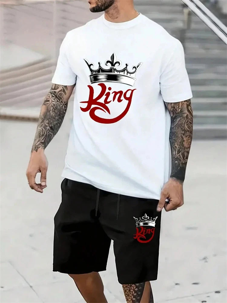 New Men's Short Sleeve Shorts Set Fashion King Printed T-Shirt Shorts 2 Sets of Casual Round Neck Jumper Breathable Sportswear