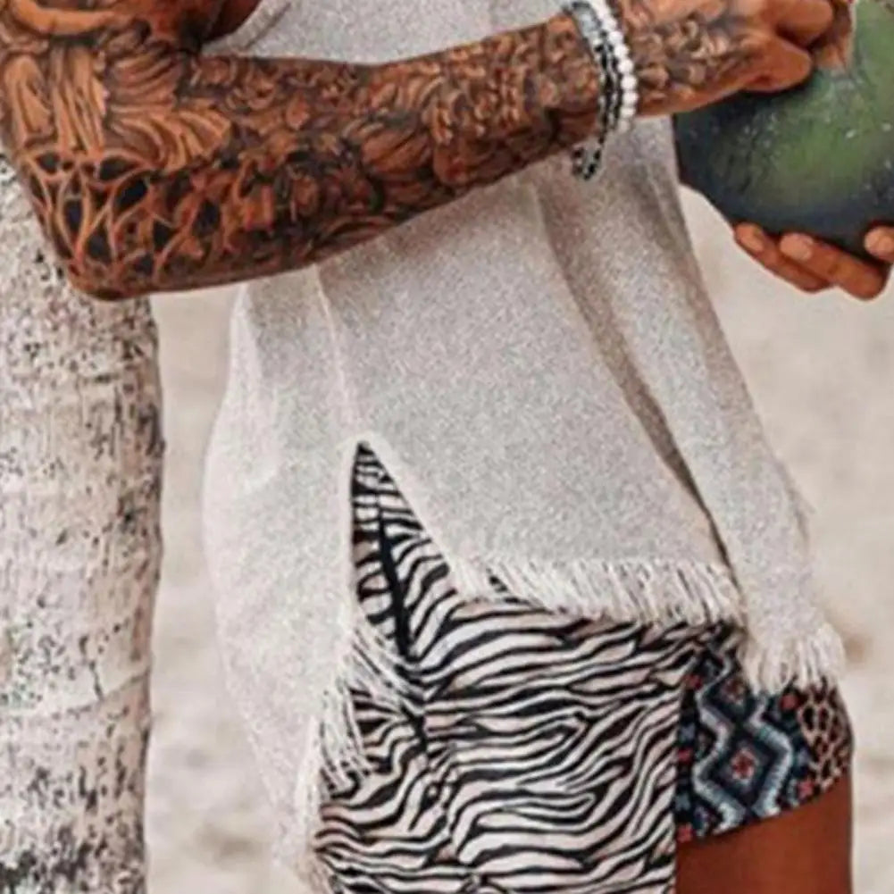 Men Tank Top Solid Color Sleeveless O Neck Knitted Summer Ripped Split T-shirt Tassel Men Vest Daily Clothes Men's Clothing