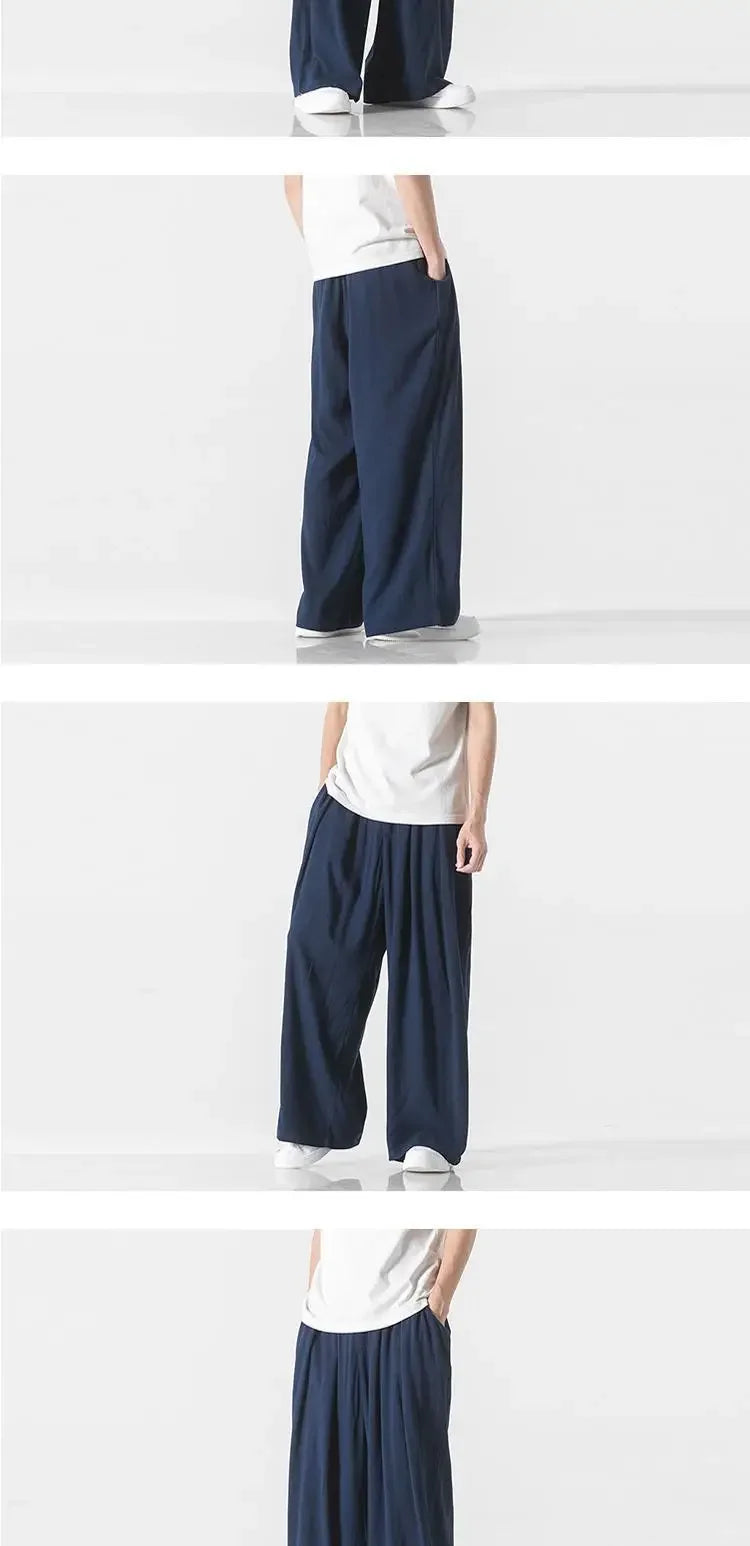 Hanfu Spirit Draped Linen Pants For Men Straight-leg Casual Trousers Chinese Style Loose-fit Ancient Wide-leg Song Trousers