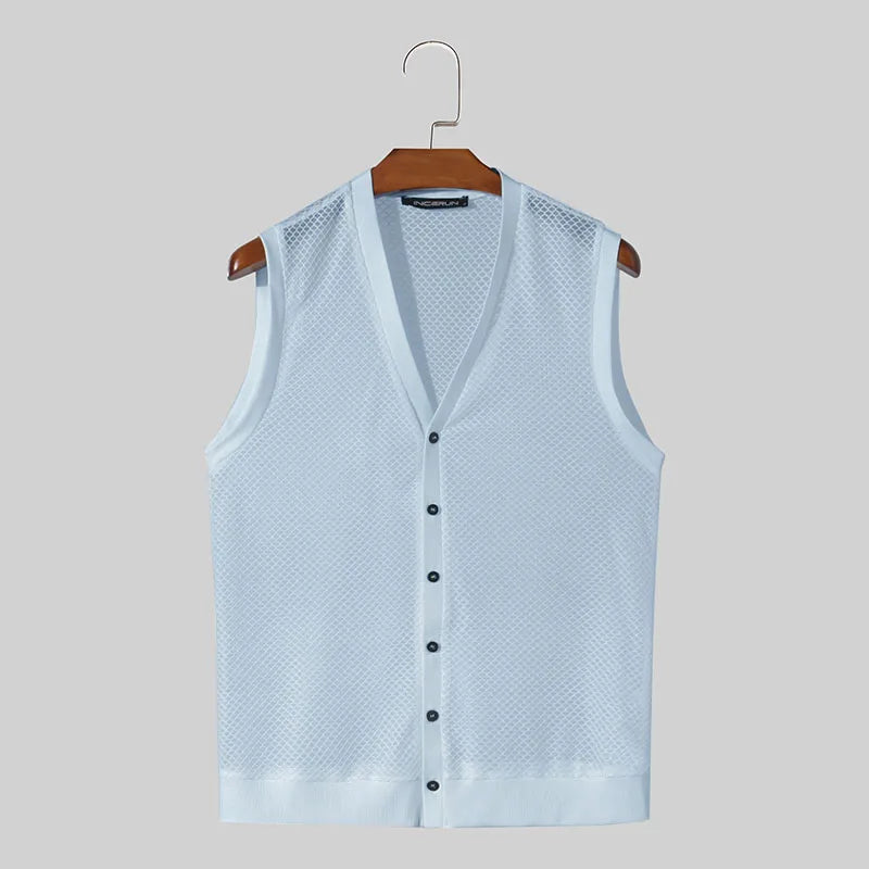 Fashion Leisure Style Tops INCERUN Men Personality Hollow Mesh Vests Summer Sexy Male Hot Sale V-neck Sleeveless Tank Tops S-5XL