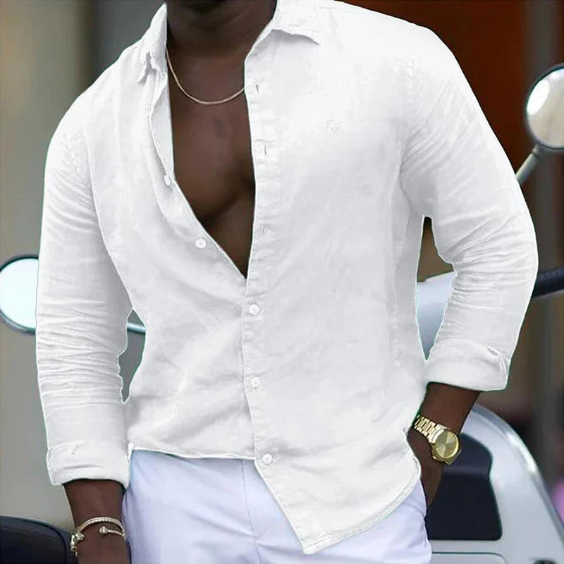 Fashion Solid Color Mens Shirt Cotton Linen Loose Buttoned Turn-down Collar Long Sleeve Beach Style Shirts Clothing Men Cardigan