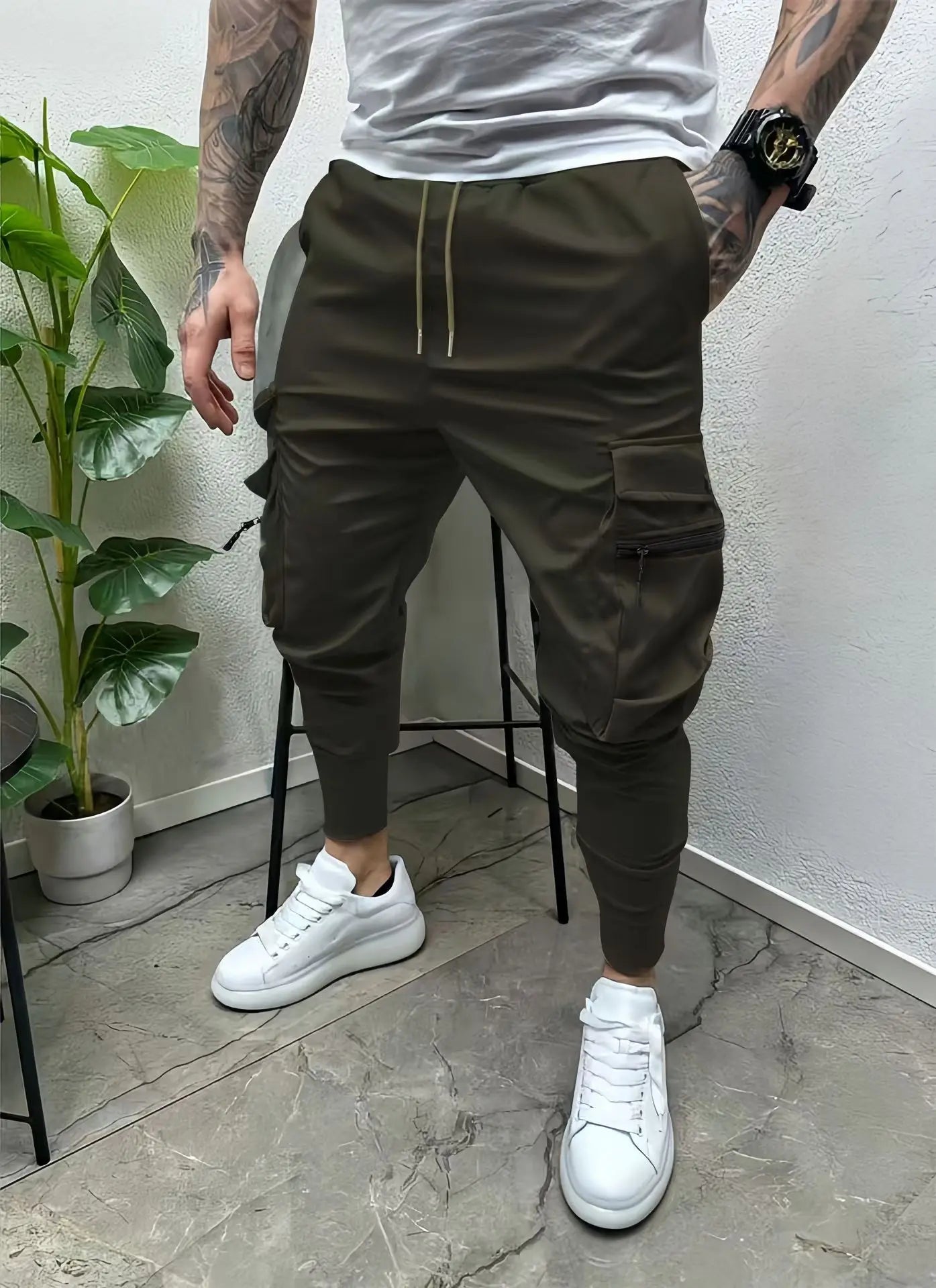 Men's spring and autumn drawstring casual multi-pocket leg slim-fit street overalls outdoor trend pants and fitness pants