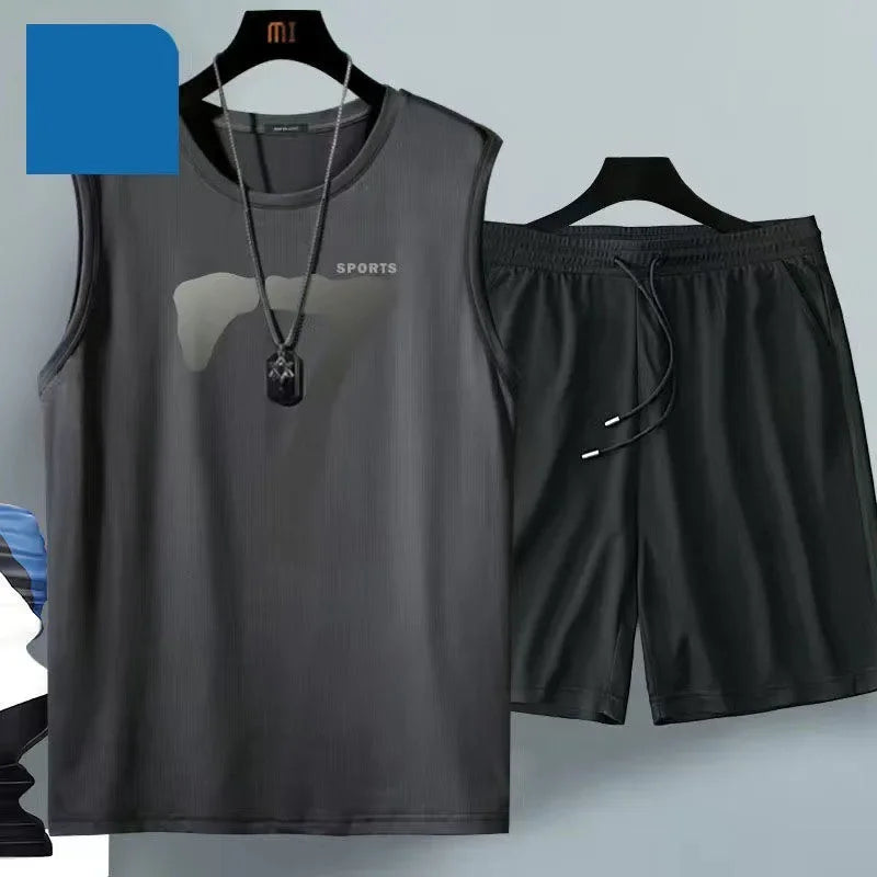 2025 Men's Summer Style Sleeveless Basketball Suit 2 Piece Set with Casual Sportswear+Short Sleeve Tshirt