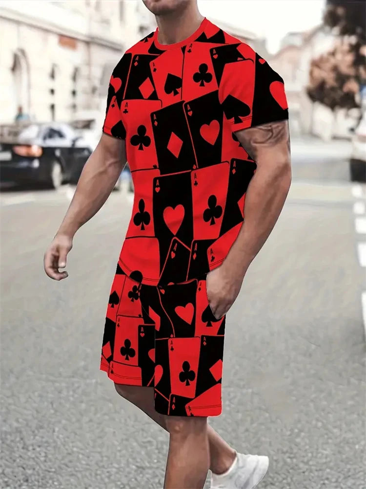 New Men's Short Sleeve Shorts Set Fashion King Printed T-Shirt Shorts 2 Sets of Casual Round Neck Jumper Breathable Sportswear