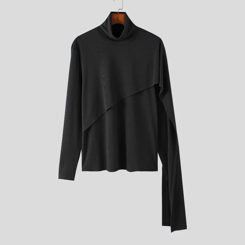 INCERUN Men Irregular Pullovers Solid Color Turtleneck Long Sleeve Knitted Casual Sweaters Streetwear Autumn 2023 Men Clothing