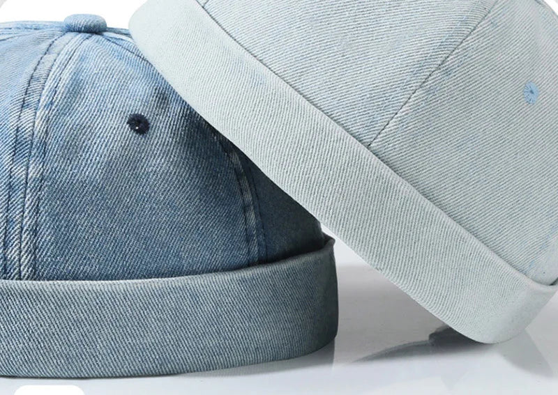 Hip Hop Blue Denim Washed Cotton Landlord Hat Docker Cap Rolled Edge Brimless Sailor Hat Solid Adjustable Beanie Hats Streetwear
