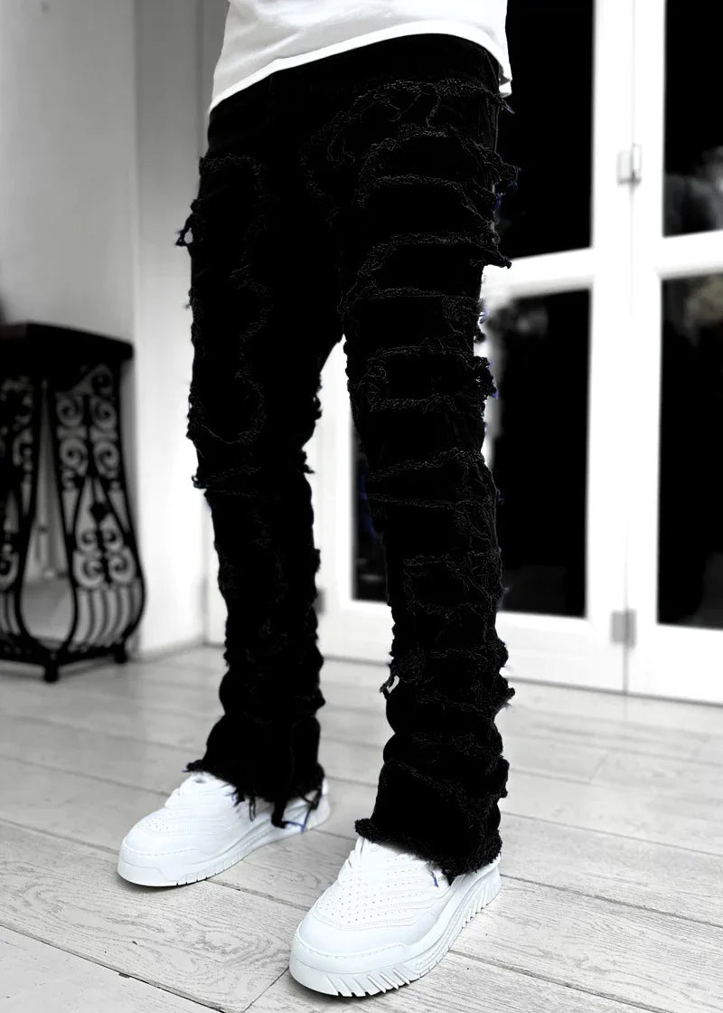 High Street White Men's Stacked Jeans Stretched Patchwork Tassel Damaged Denim Full Length Pants Hip-pop Trousers For Male 