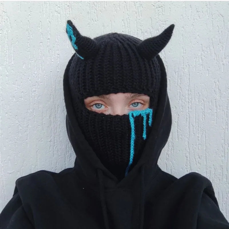 Funny Horns Knitted Hat Cosplay Halloween Masquerade Beanies Warm Full Face Cover Ski Mask Hat Windproof Helmet Trick Scare Prop