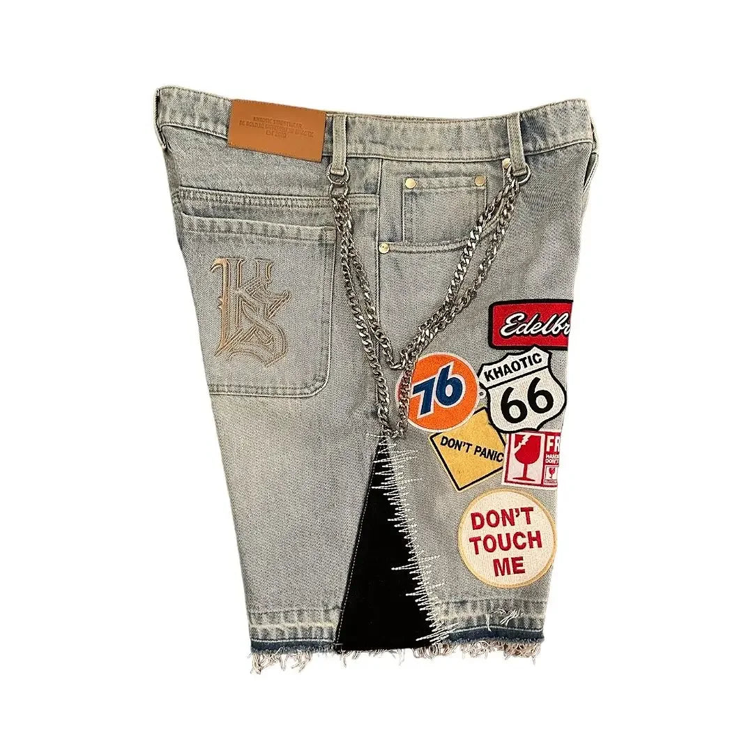 Y2K Jeans Men Women Hip Hop Cartoon Graphics Streetwear Retro Patchwork Denim Short Retro Blue Loose Denim Fitness Casual Shorts