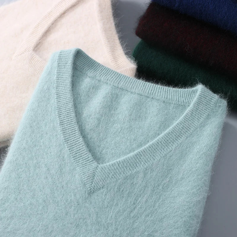 Men's 100% Pure Mink Cashmere Sweater V-neck Pullover Knit Bottoming Shirt Autumn And Winter New Long-Sleeve High-End Mink Tops