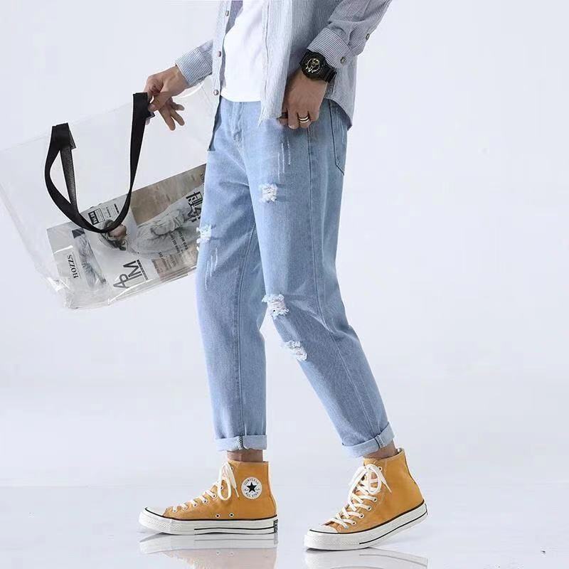 Retro Ripped Men's Jeans With Holes Tapered Slim Fit Trousers Korean Fashion Torn Broken Luxury Soft Loose Xs Man Cowboy Pants