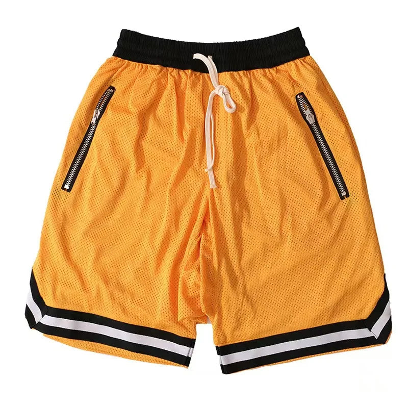 2025 New Knee Length Basketball Shorts Men Striped Loose Running Sport Gym Mesh Breathable Fitness Training Workout Bottom Male