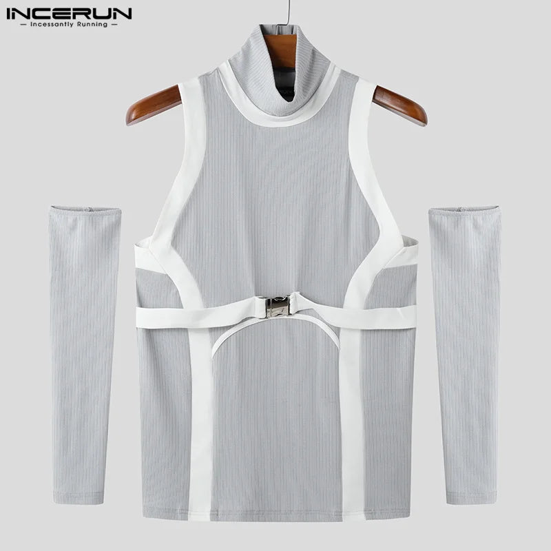 INCERUN 2025 Men T Shirts Patchwork Turtleneck Off Shoulder Long Sleeve Casual Men Clothing Streetwear Sexy Unisex Tee Tops