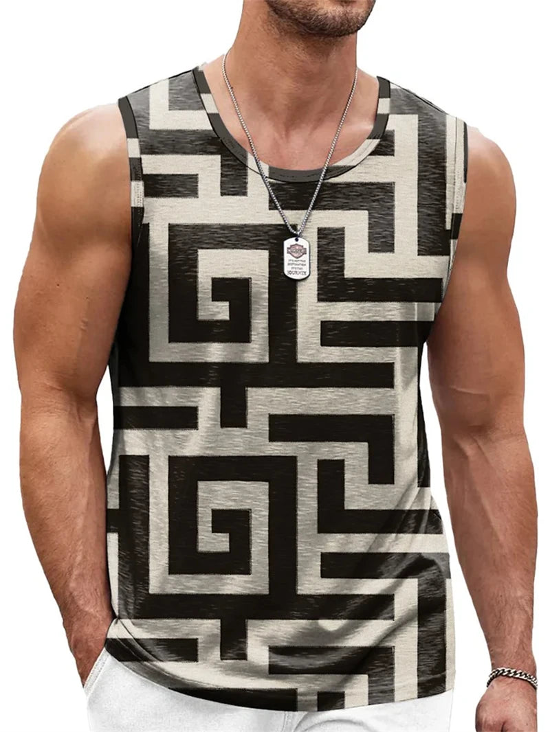 Mens Retro Geometric 3D Printed Tank Top Summer Casual Crew Neck Fashion Trend Sleeveless Vest Loose Breathable Sports Tops