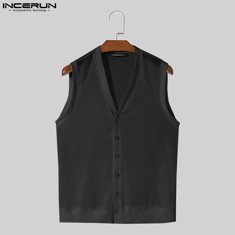 Fashion Leisure Style Tops INCERUN Men Personality Hollow Mesh Vests Summer Sexy Male Hot Sale V-neck Sleeveless Tank Tops S-5XL