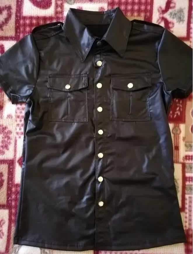 S-2XL Fashion Wet Look Black Faux Leather Men Sexy Two Pockets Tops Tees DS Night Motorcycle Short Sleeves Shirts With Button
