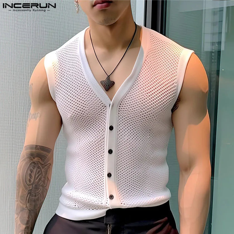 Fashion Leisure Style Tops INCERUN Men Personality Hollow Mesh Vests Summer Sexy Male Hot Sale V-neck Sleeveless Tank Tops S-5XL
