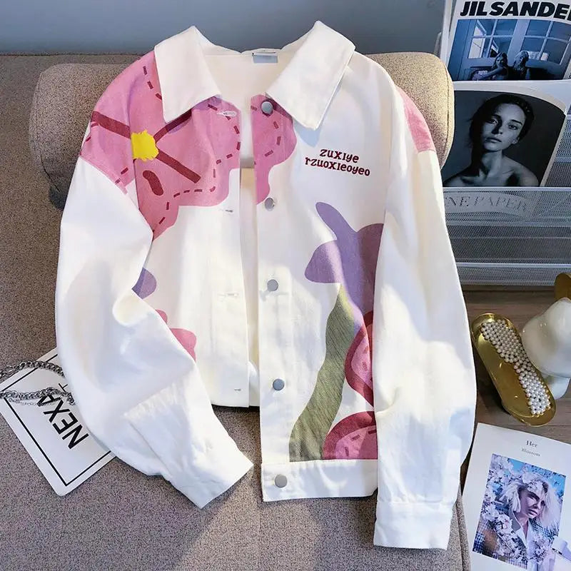 White Design Flower Denim Coat Women's Spring And Autumn Casual Loose Jacket Coat