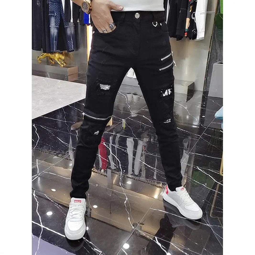Luxury Men's High Street Korean Black Jeans with Zipper Distressed Hole Designer Youth Trend Slim-Fit Black Cotton Trousers