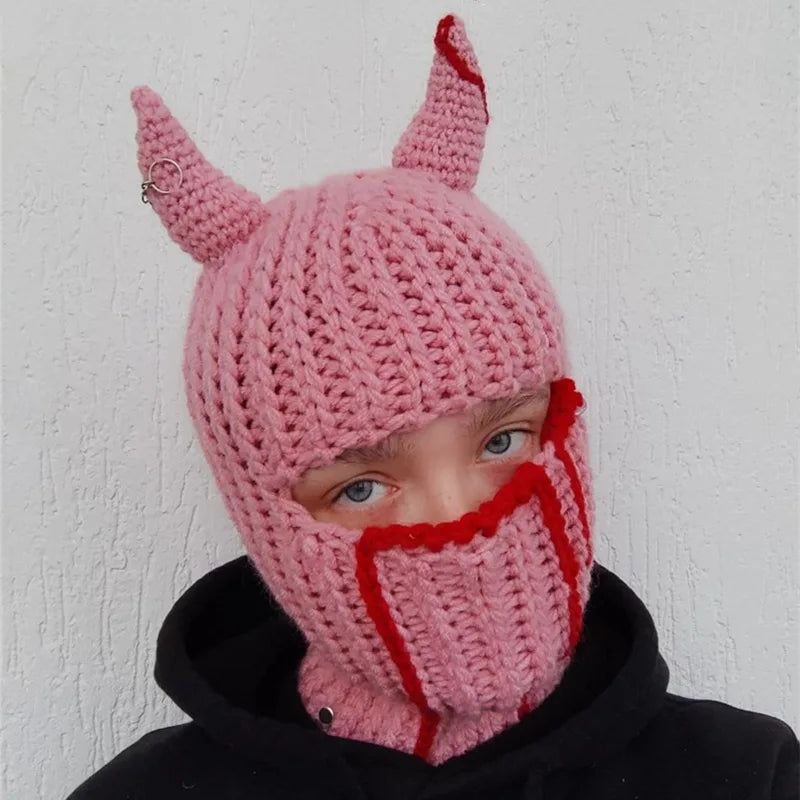 Funny Horns Knitted Hat Cosplay Halloween Masquerade Beanies Warm Full Face Cover Ski Mask Hat Windproof Helmet Trick Scare Prop