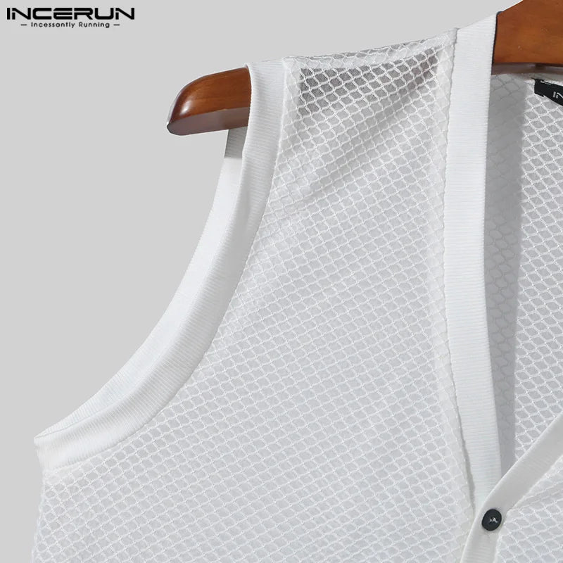 Fashion Leisure Style Tops INCERUN Men Personality Hollow Mesh Vests Summer Sexy Male Hot Sale V-neck Sleeveless Tank Tops S-5XL