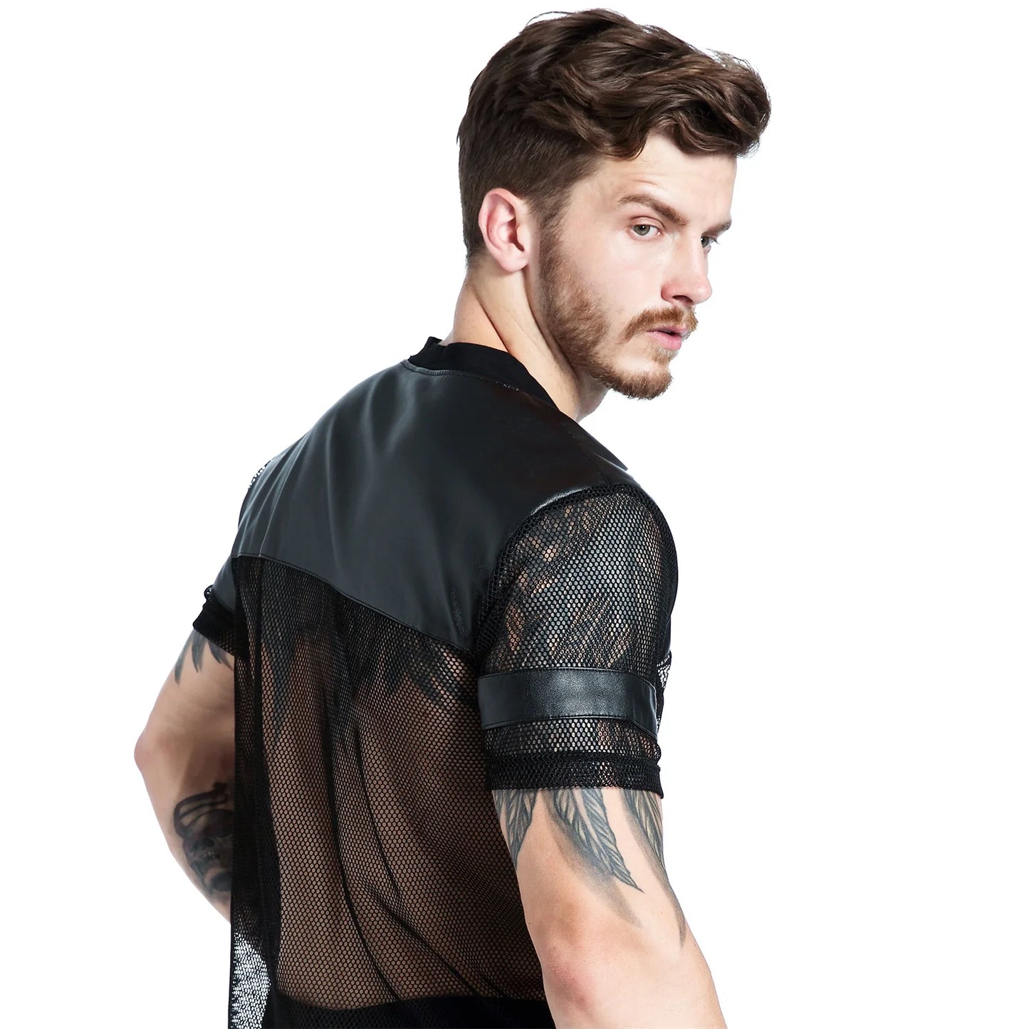 CLEVER-MENMODE Sexy Men Fishnet T-Shirt PU Faux Leather Mesh Shirts See Through Tops Tee Transparent Short Sleeve Stage Clubwear