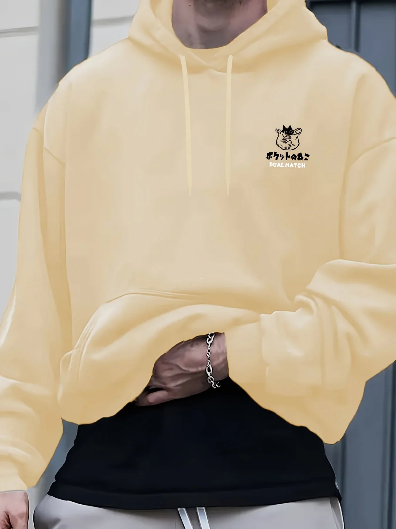 2025 Men's Autumn and Winter Oversized Hip-hop Hoodie Beige with Black Pattern Design Loose Version Retro Style Hoodie