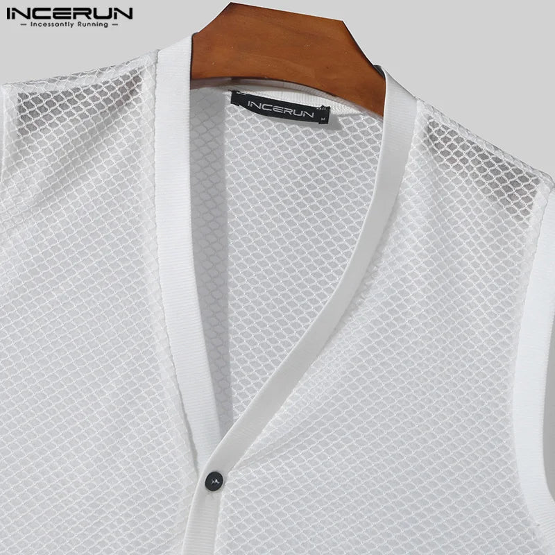 Fashion Leisure Style Tops INCERUN Men Personality Hollow Mesh Vests Summer Sexy Male Hot Sale V-neck Sleeveless Tank Tops S-5XL