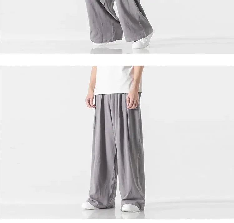 Hanfu Spirit Draped Linen Pants For Men Straight-leg Casual Trousers Chinese Style Loose-fit Ancient Wide-leg Song Trousers