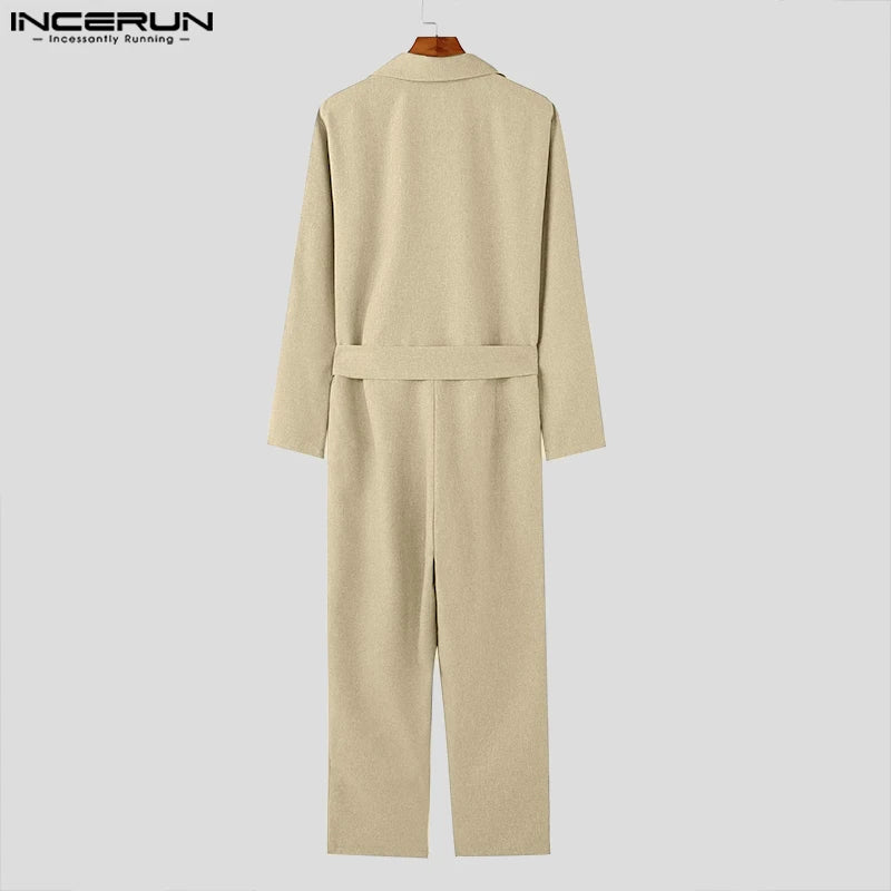 American Style Fashion Jumpsuit Casual Men's Suit Neck Double Breasted Jumpsuits Long Sleeved Casual Rompers S-5XL