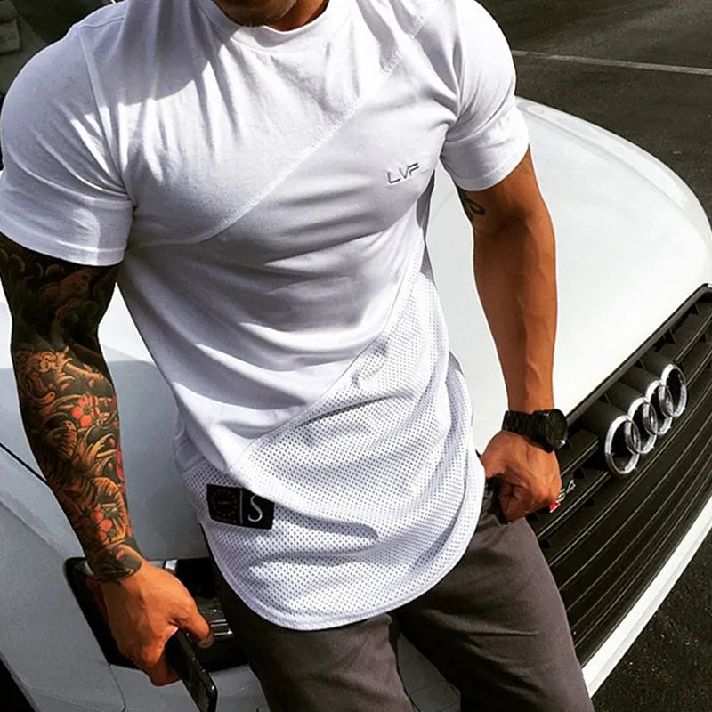 Men's Summer Fashion Fitness Tees Gym Sport Running Patchwork Short Sleeves Shirt Breathable Bodybuilding T-shirt Man Clothing