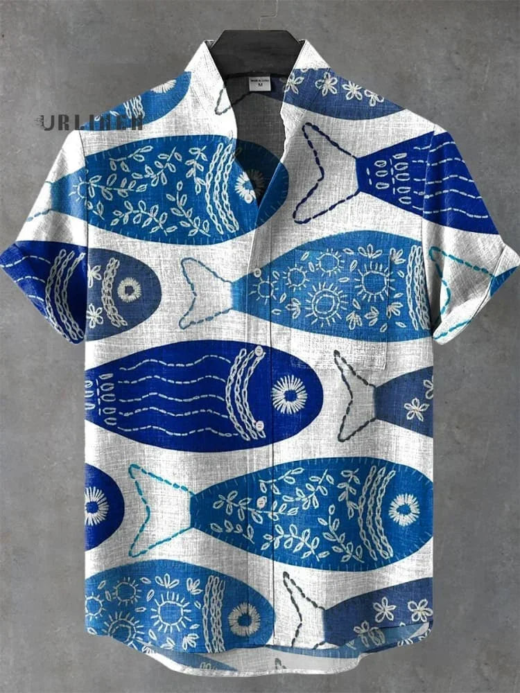 2025 Summer Blue Fish Line Retro 3D Printed Casual Fashion 100% Linen Men's Short sleeved Stand up Collar Shirt