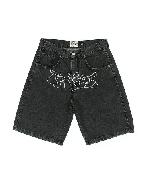 Y2K Jeans Men Women Hip Hop Cartoon Graphics Streetwear Retro Patchwork Denim Short Retro Blue Loose Denim Fitness Casual Shorts