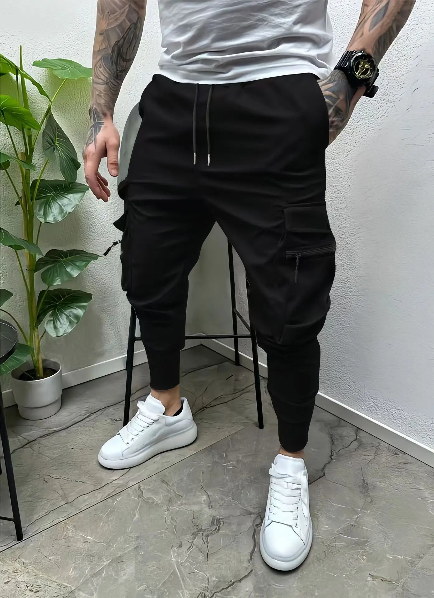 Men's spring and autumn drawstring casual multi-pocket leg slim-fit street overalls outdoor trend pants and fitness pants