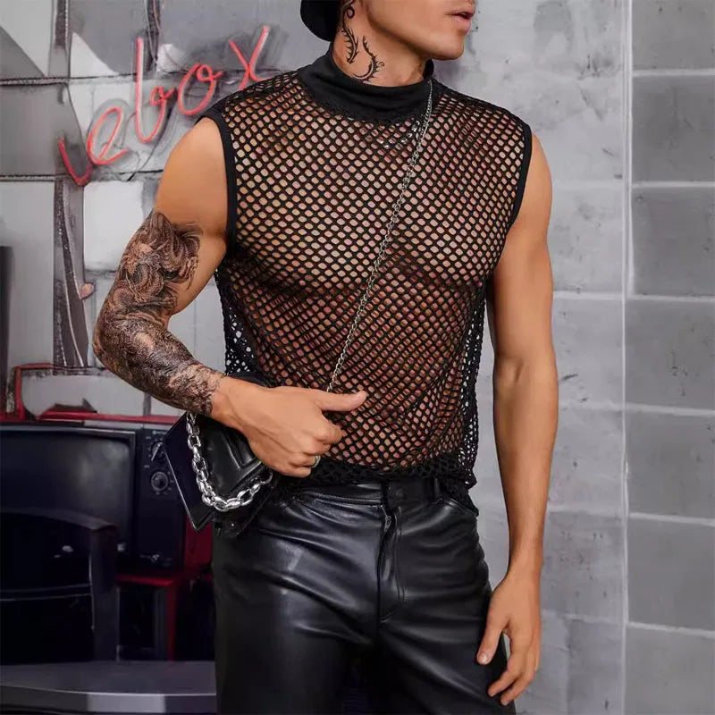 Men's Tank Top Outdoor Sports Black Cutout Vest Top Men's Sheer Mesh Fitness Sleeveless Vest Men Summer Mesh Vest Men's Clothing