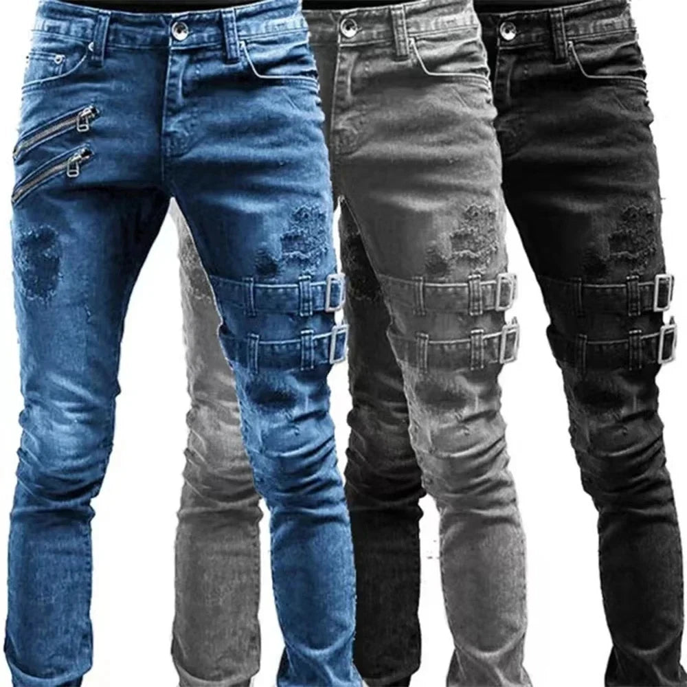 Plus Size Straight Jeans Man Pants Spring Summer Boyfriend Jeans Streetwear Skinny Zips 3 Colors Cacual Long Denim Trousers