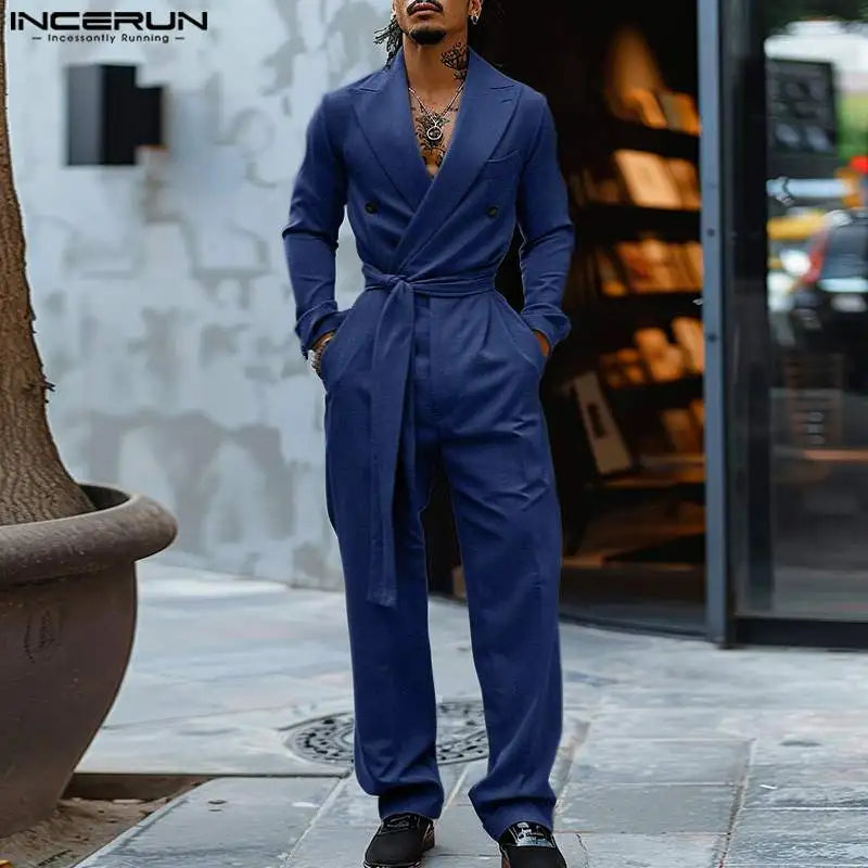 American Style Fashion Jumpsuit Casual Men's Suit Neck Double Breasted Jumpsuits Long Sleeved Casual Rompers S-5XL