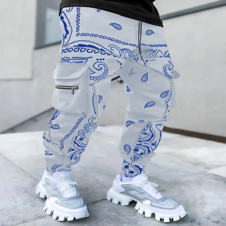 New Men's Cargo Pants Trend Printed Loose Hip Hop Fashion Street Wear Big Pocket Overalls Men Bright Color Four Seasons Trousers