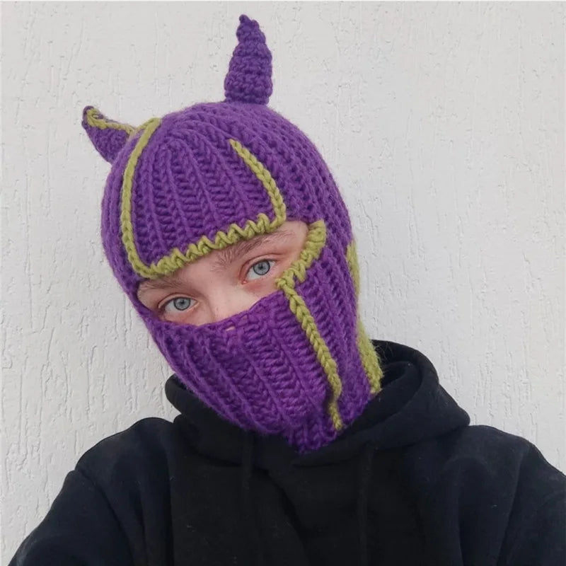 Funny Horns Knitted Hat Cosplay Halloween Masquerade Beanies Warm Full Face Cover Ski Mask Hat Windproof Helmet Trick Scare Prop