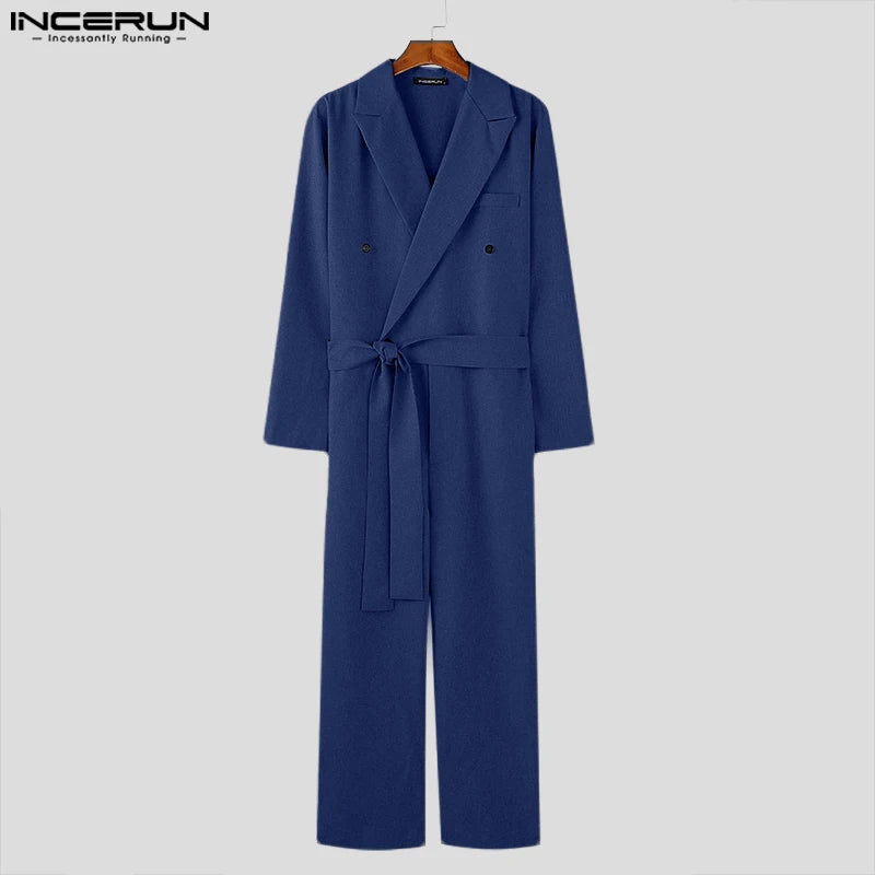 American Style Fashion Jumpsuit Casual Men's Suit Neck Double Breasted Jumpsuits Long Sleeved Casual Rompers S-5XL