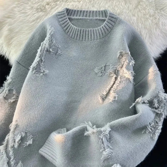 Y2k Streetwear Sweater Men New Retro Hole Fringed Sweater Loose Versatile Knitwear Pullovers Long Sleeve Jumpers Clothing