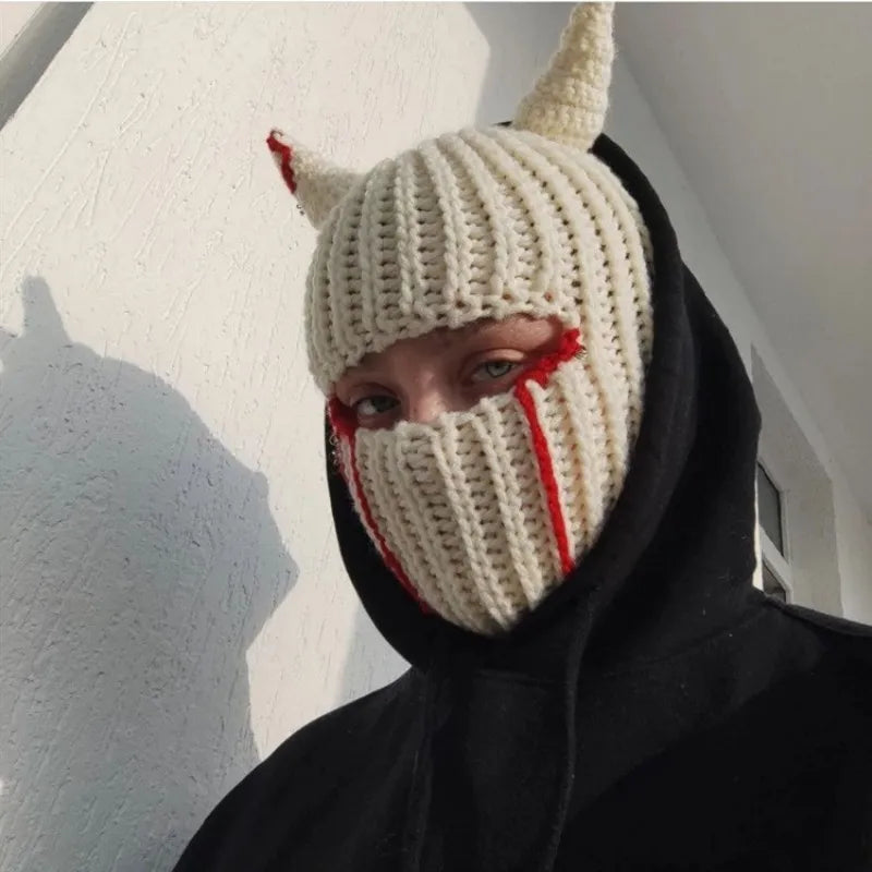 Funny Horns Knitted Hat Cosplay Halloween Masquerade Beanies Warm Full Face Cover Ski Mask Hat Windproof Helmet Trick Scare Prop