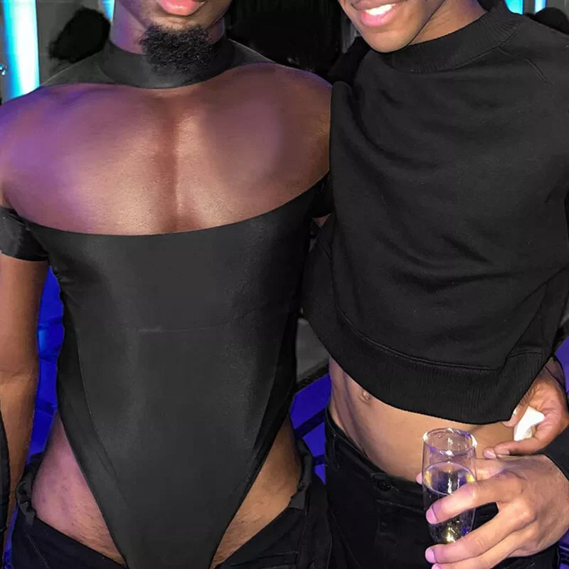 Sexy See Through Mesh Jumpsuits Tees Mens Spring Party Fashion Patchwork Mesh T-shirts Men Stylish Slim Fit Long Sleeve Pullover